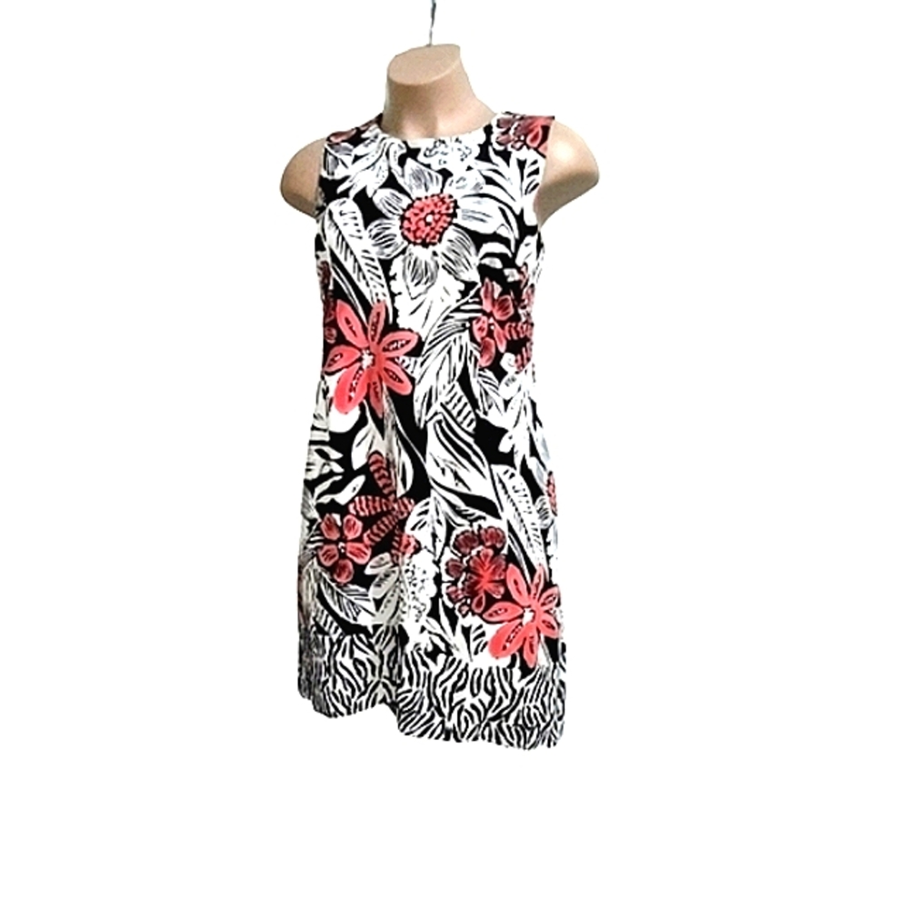 FLORAL BLACK, WHITE AND CORAL DRESS